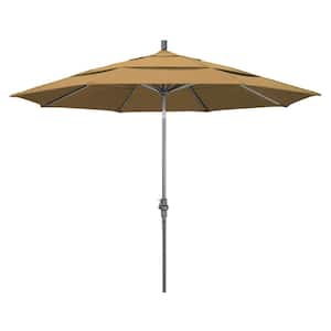 11 ft. Hammertone Grey Aluminum Market Patio Umbrella with Crank Lift in Straw Olefin