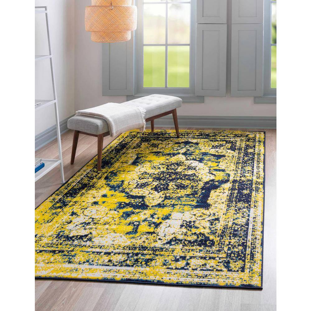 Navy Blue and Yellow Synthetic Reversible Area Rug