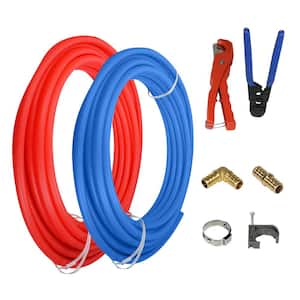 1/2 in. x 100 ft. PEX Tubing Plumbing Kit - Crimper and Cutter Tools Tubing Elbow in. Half Clamp - 1 Red 1 Blue