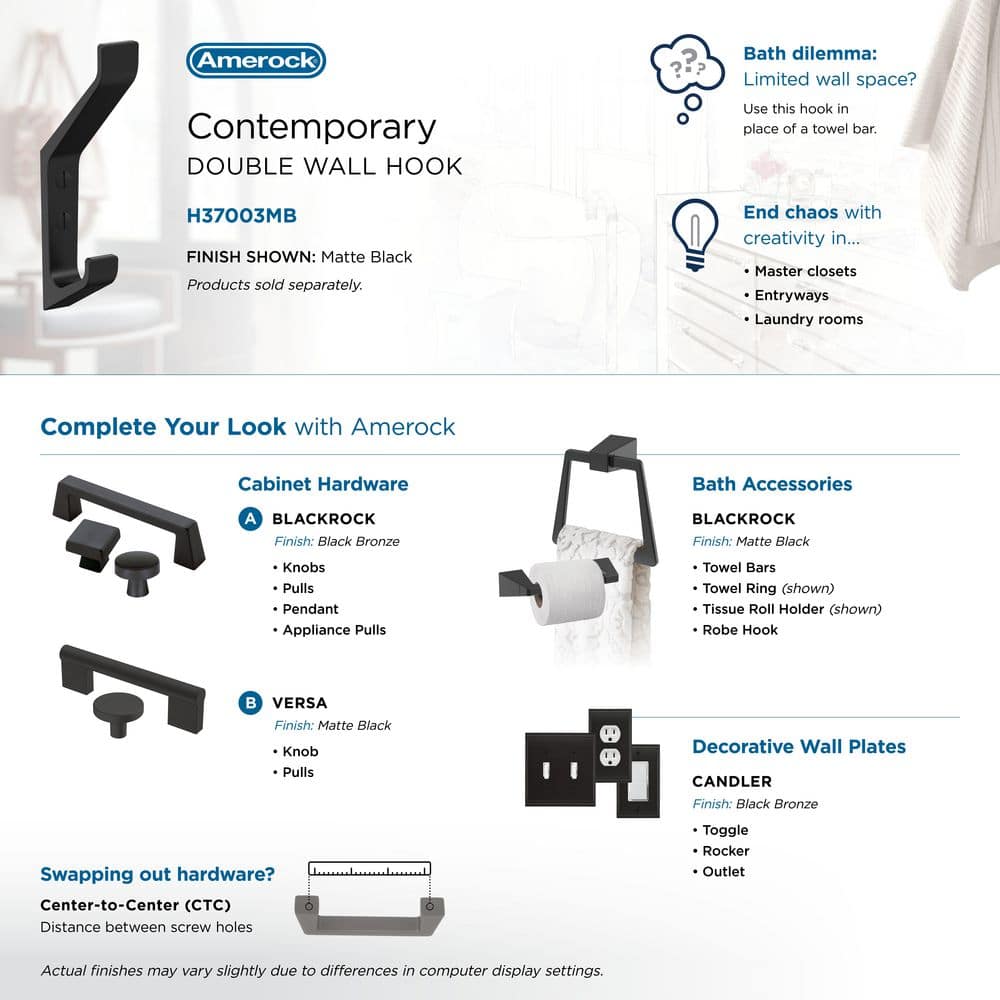 Matte Black Double Prong Metal Wall Hook