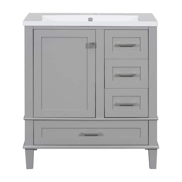 Aoibox 18 in. D x 30 in. W x 34 in. H Bath Vanity in Gray with White Resin Single Sink Set a Soft Closing Door and 3-Drawers