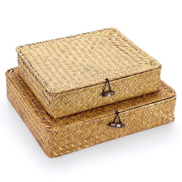2 Pack Caramel Flat Woven Wicker Storage Bins with Lid Natural Seagrass Basket Boxe Multipurpose Home Organizer Bin Boxe