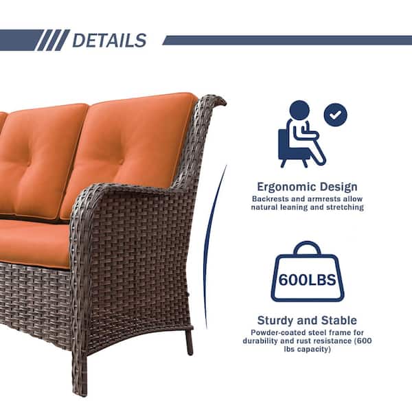 JOYSIDE 3-Seat Wicker Outdoor Patio Sofa Sectional Couch with Orange  Cushions M75-ORG-THD