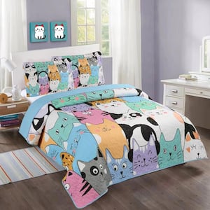 WX202 Blue Cat Full Size Polyester Quilt Lightweight Bedspread Set