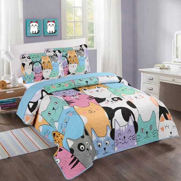 MarCielo WX202 Blue Cat Full Size Polyester Quilt Lightweight Bedspread Set