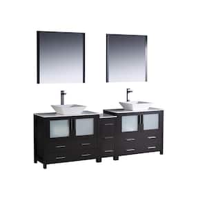Torino 84 in. Double Vanity in Espresso with Glass Stone Vanity Top in White with White Basins and Mirrors