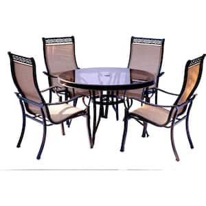 Monaco 5-Piece Aluminum Outdoor Dining Set with Round Glass-Top Table and Contoured Sling Stationary Chairs