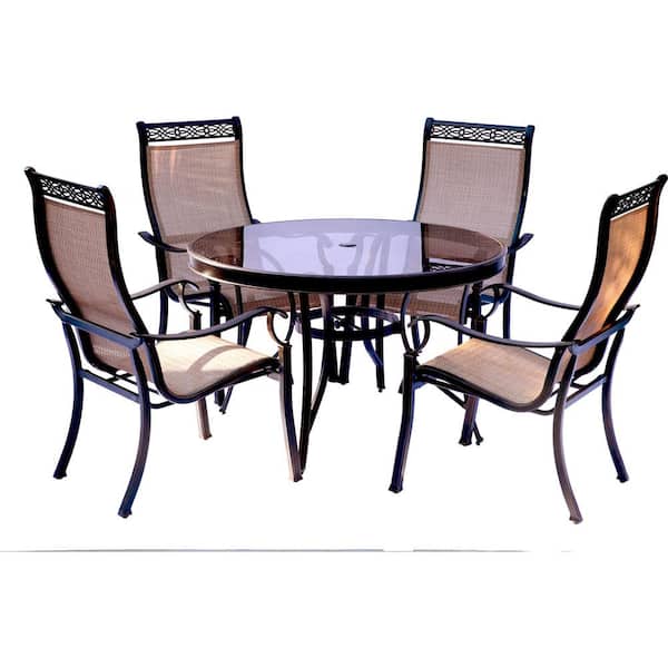 Hanover Monaco 5-Piece Aluminum Outdoor Dining Set with Round Glass-Top Table and Contoured Sling Stationary Chairs