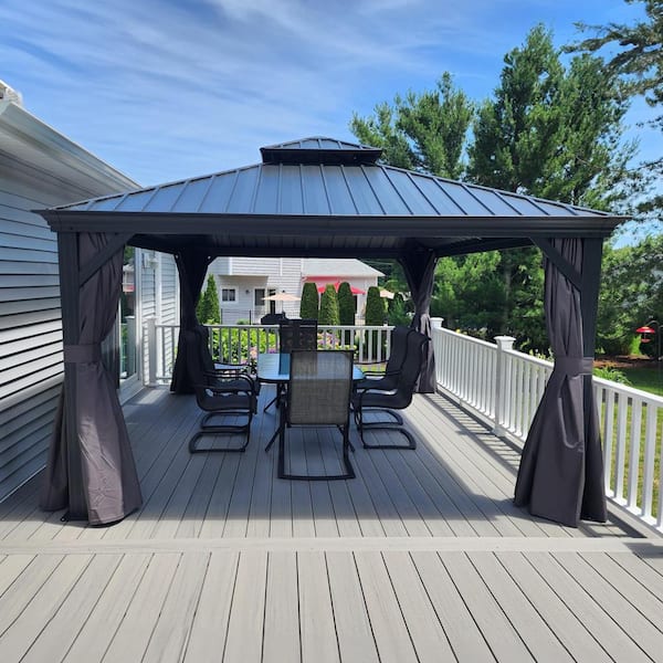 14 ft. x 16 ft. Gray Aluminum Power-Coated Frame Galvanized Steel Double Roof Hardtop Gazebo,Hooks,Netting,Gray Curtain