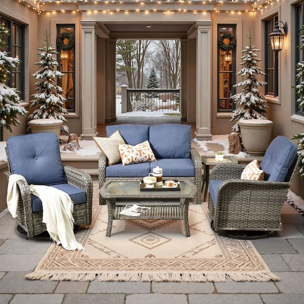 Denali Gray 5-Piece 4-Seat Wicker Modern Outdoor Patio Conversation Sofa Swivel Chair Set with Denim Blue Cushions