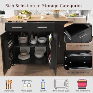 Oasis Black Wood 43.3 in. Kitchen Island with Drop Leaf, Kitchen Storage Cart with 3 Tier Pull Out Cabinet Organizer