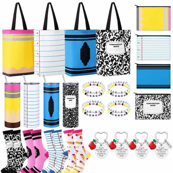 32-Piece 8.27 in. W Plastic Teacher Appreciation Gift Set for 4 Educators with Tumblers, Tote Bags, Socks and Keychains