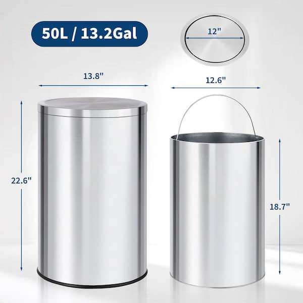 13 Gal. 50 Liter Silver Round Stainless Steel Kitchen Trash Can