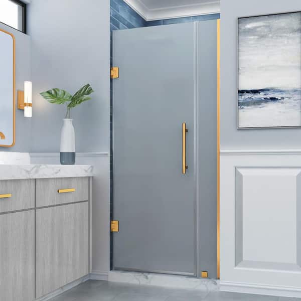 Aston Belmore 27.25 - 28.25 in. W x 72 in. H Pivot Frameless Shower Door Frosted Glass in Brushed Gold