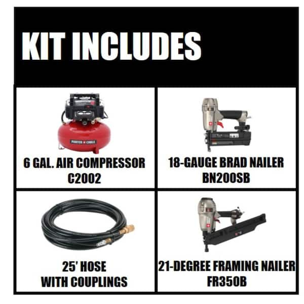 6 gal. 150 PSI Portable Electric Air Compressor, 18-Gauge Brad Nailer and 21-Degree 3-1/2 in. Full Round Framing Nailer