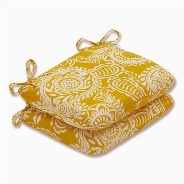 Pillow Perfect Paisley 18.5 in. x 15.5 in., 2-Piece Outdoor Dining Chair Cushion Yellow/Ivory Addie