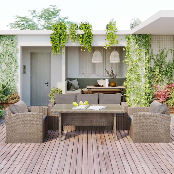 Zeus & Ruta 4-Piece Wicker Patio Conversation Set Furniture Sofa Set for Balcony, Poolside, Garden with Grey Cushions