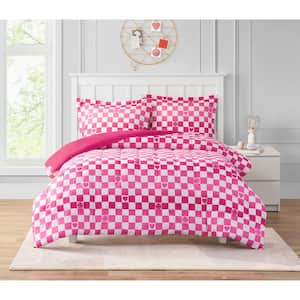 Checkerboard Hearts Hot Pink 3-Piece Ultra Soft Microfiber Comforter Set - Full
