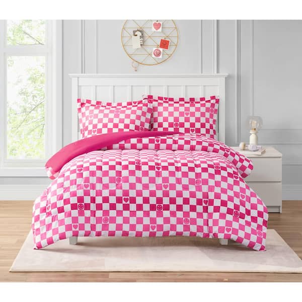 alex + bella Checkerboard Hearts Hot Pink 3-Piece Ultra Soft Microfiber Comforter Set - Full