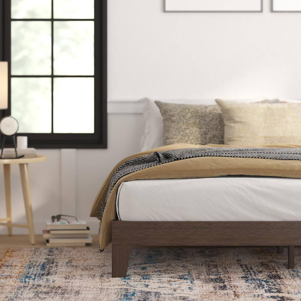 King Walnut Wooden Platform Bed with Slats and Headboard