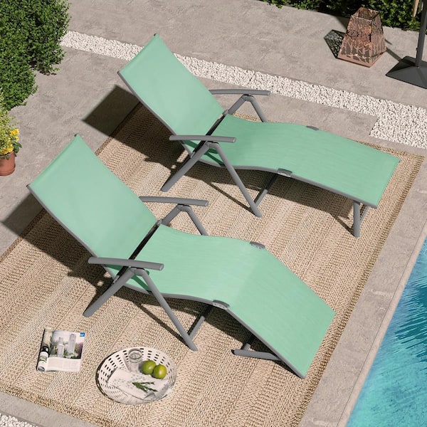 Pellebant Gray 2-Piece Aluminum Metal Folding Outdoor Chaise Lounge with Adjustable Back in Green
