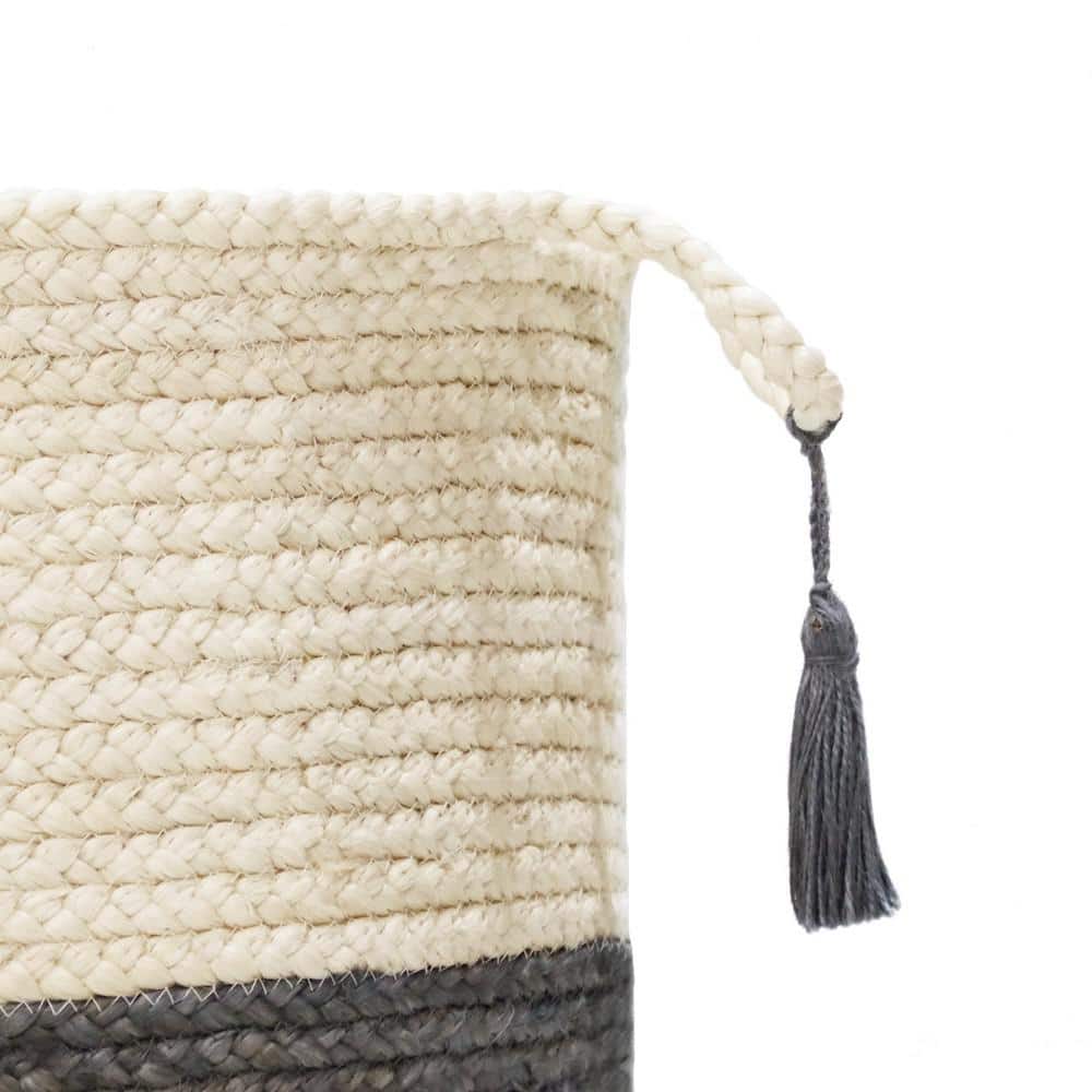 Handmade Round Jute Storage Basket with Gray and White Stripes