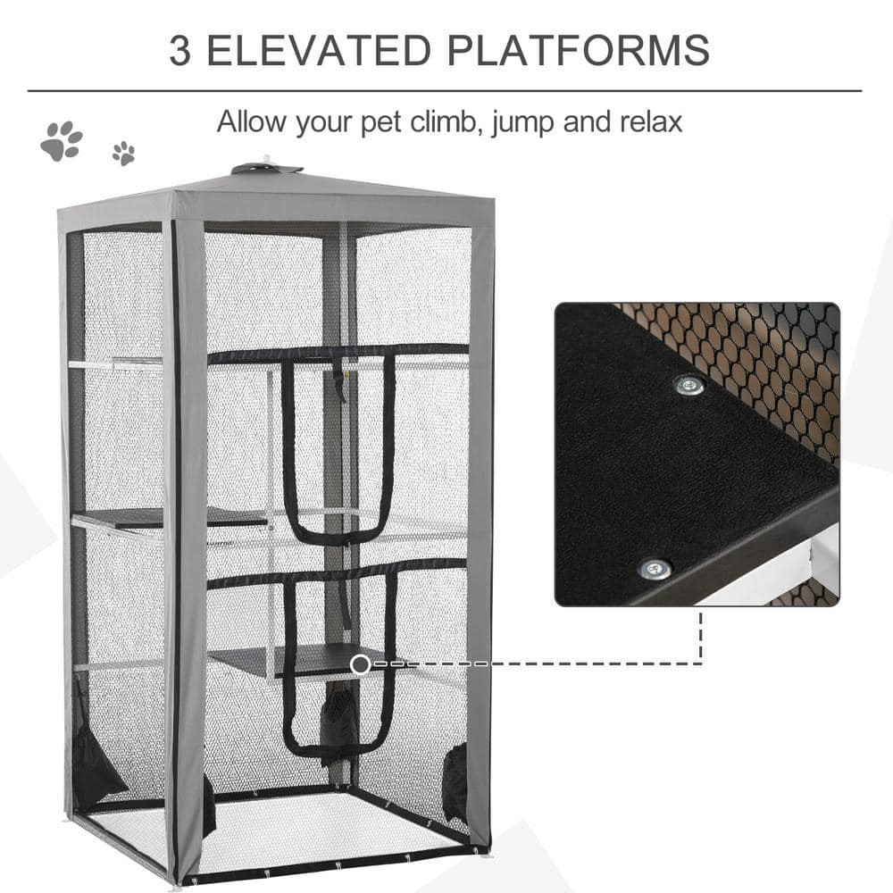 Tall Gray Metal Outdoor Cat Enclosure with Platforms