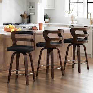 Arabela 26 in. Black Solid Wood Swivel Bar Stool Faux Leather Kitchen Counter Stool with Walnut Frame Set of 3