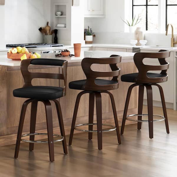 Arabela 26 in. Black Solid Wood Swivel Bar Stool Faux Leather Kitchen Counter Stool with Walnut Frame Set of 3