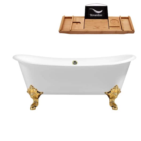 Streamline 72 in. Cast Iron Clawfoot Non-Whirlpool Bathtub in Glossy White with Brushed Nickel Drain and Polished Gold Clawfeet