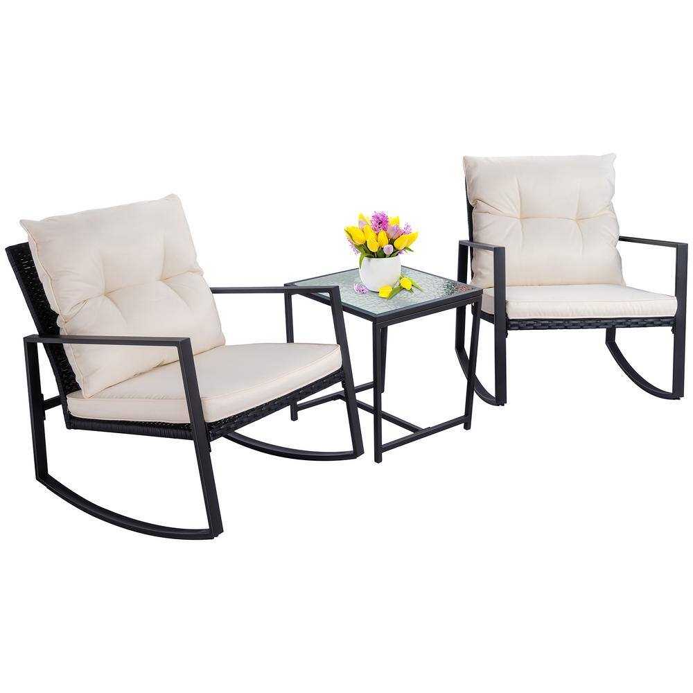 2 Swivel Rocker Patio Chairs with 4 Beige Cushions and 1 Glass Side Table,All-Weather Bistro Set for Patio 3 Pieces Patio Furniture Outdoor Wicker Rocking Chairs Set Balcony Backyard Brown