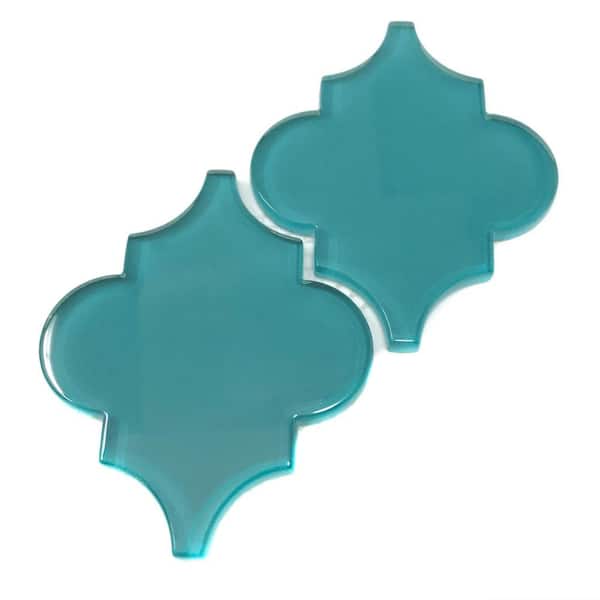 Giorbello 4 in. x 5 in. Dark Teal Glass Arabesque Backsplash and Wall Tile Sample