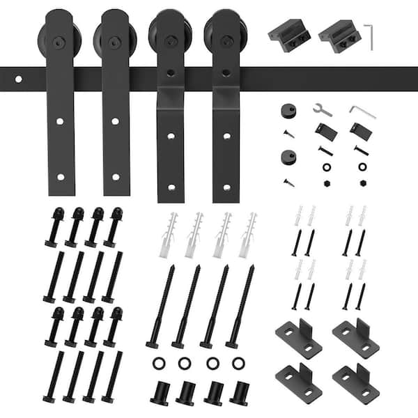 Movisa 5 ft. I-Shaped Bypass Sliding Barn Door Kit for Double Door, Black Steel