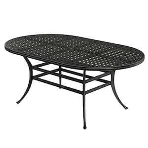 72 in. W x 30 in. L Cast Aluminum Elliptical Outdoor Patio Dining Table with Classic Lattice Top Umbrella Hole for Yard