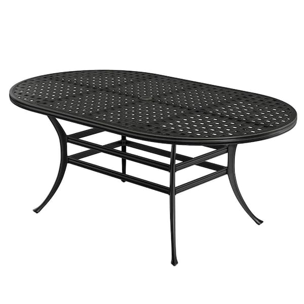 Mondawe 72 in. W x 30 in. L Cast Aluminum Elliptical Outdoor Patio Dining Table with Classic Lattice Top Umbrella Hole for Yard