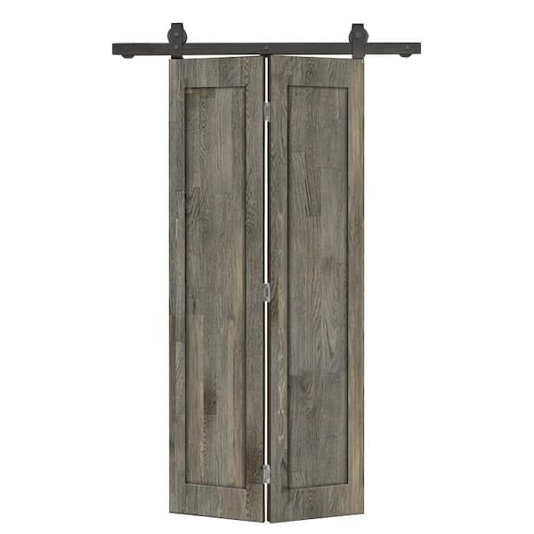 CALHOME 38 in. x 80 in. 1-Panel Shaker Hollow Core Weather Gray Pine Wood Bi-fold Door with Sliding Barn Door Hardware Kit