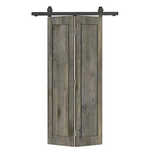 38 in. x 84 in. 1-Panel Shaker Hollow Core Weather Gray Pine Wood Bi-fold Door with Sliding Barn Door Hardware Kit