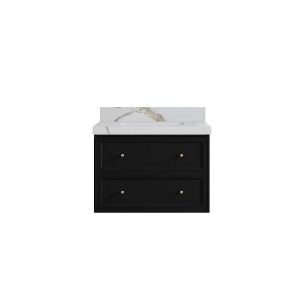 Willow Collections Roswell 30 in. Single Sink Freestanding Black Bath Vanity with Calacatta Gold Qt. Top Unassembled