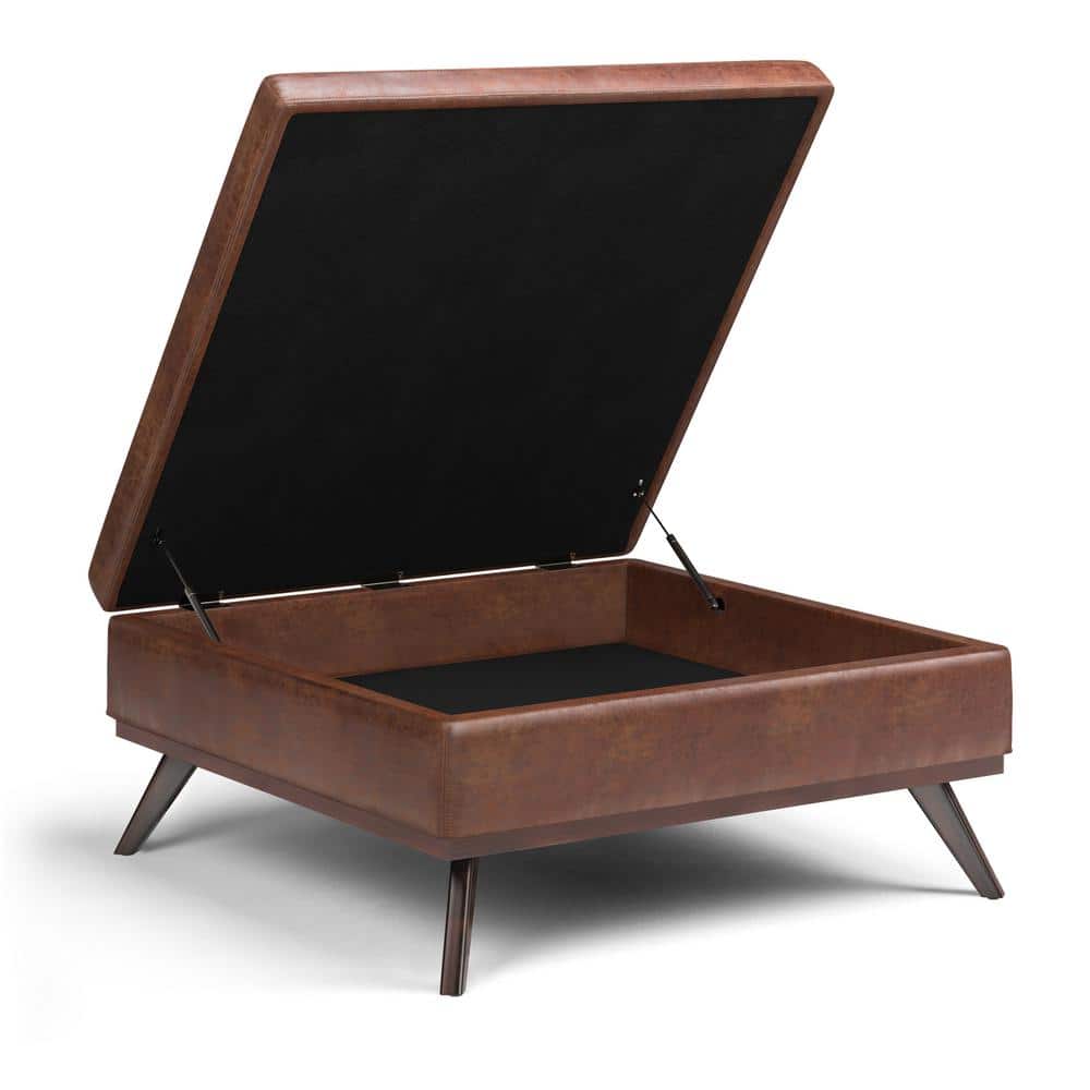 Owen Distressed Saddle Brown Faux Leather Lift Top Storage Ottoman