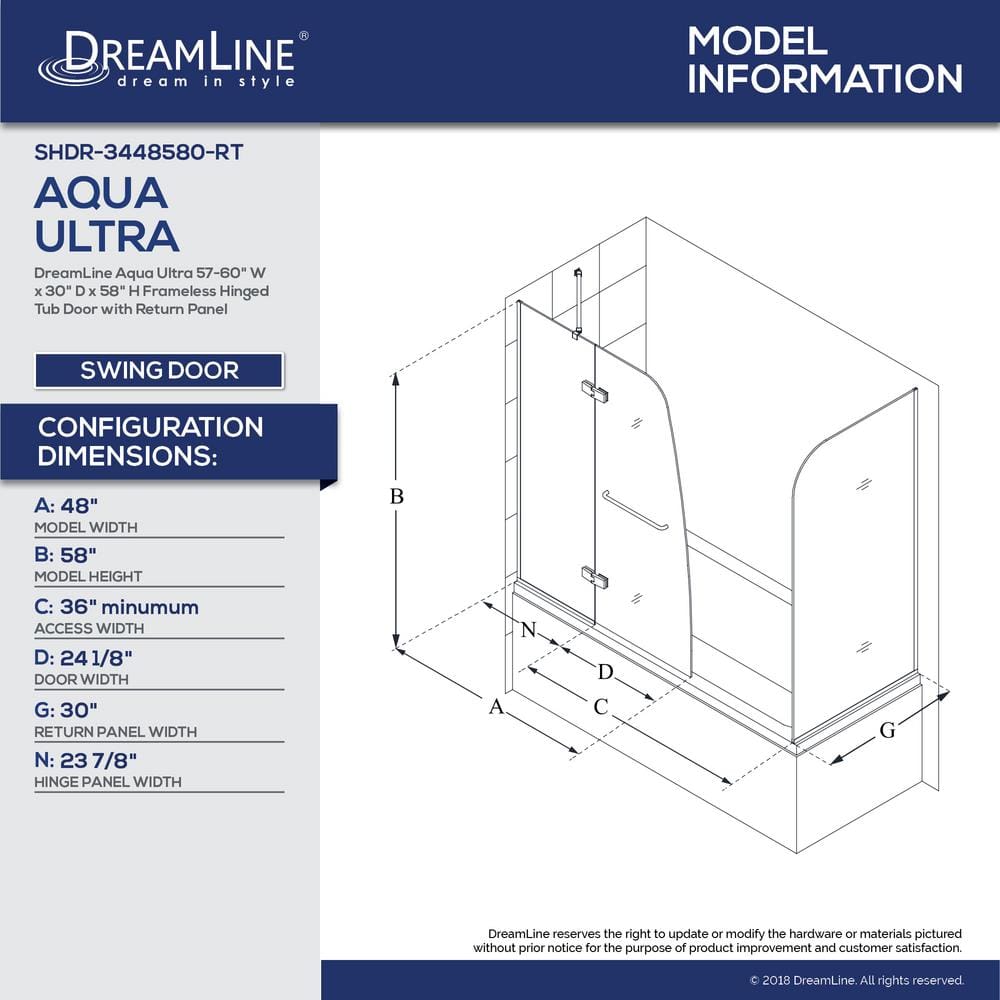 Aqua Ultra 60" Clear Tempered Glass Frameless Hinged Tub Door