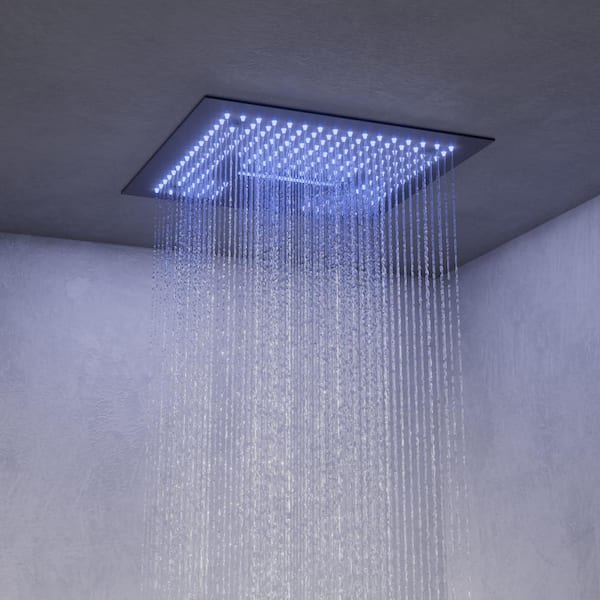RGB LED And Temp with Valve 15-Spray Ceiling Mount 16 in. Fixed and Handheld Shower Head 2.5 GPM in Matte Black