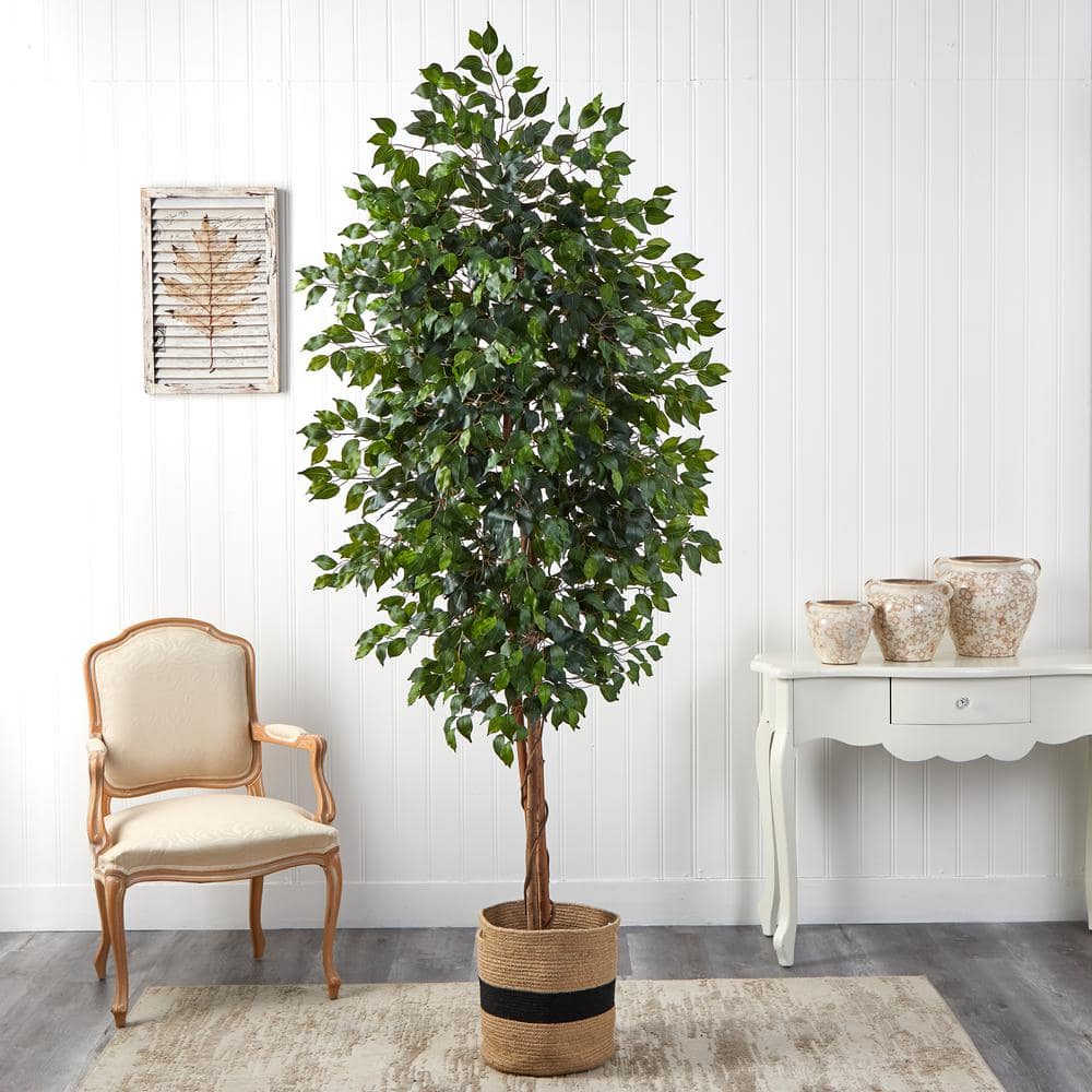 Nearly Natural 8 ft. Green Ficus Artificial Tree in Handmade Natural Cotton Planter