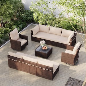 9-Piece Wicker Patio Conversation Set with Swivel Chairs Coffee Table and Beige Cushions