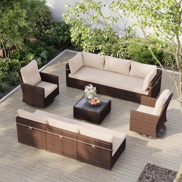 UPHA 9-Piece Wicker Patio Conversation Set with Swivel Chairs Coffee Table and Beige Cushions