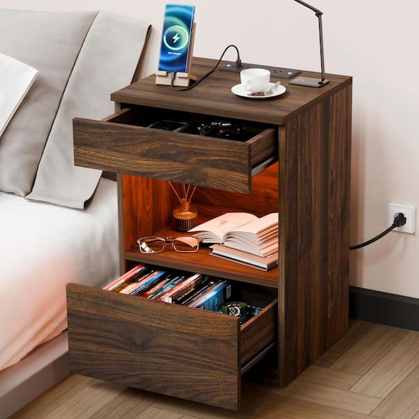 Modern Walnut 2-Drawer 23.62 in. H x 15.75 in. W x 13.78 in. D Nightstand with Charging Station and RGB LED Light Strip