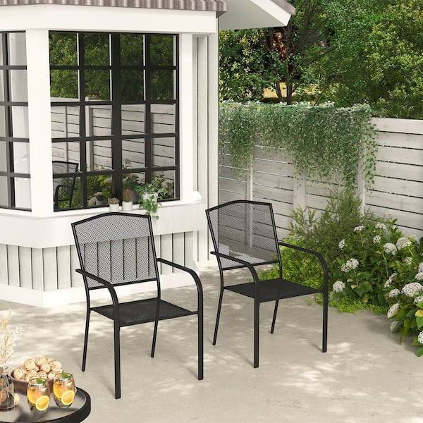 Steel Mesh Outdoor Dining Chair in Black for Patio and Garden Set of 2