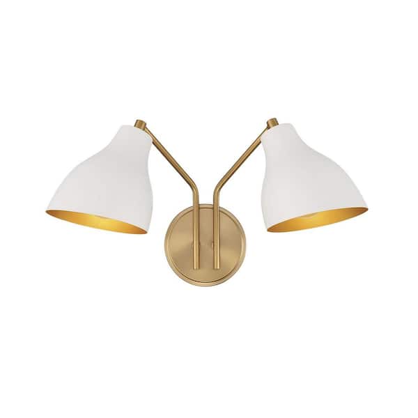TUXEDO PARK LIGHTING 17.5 in. W x 9.58 in. H 2-Light White and Natural Brass Wall Sconce with White Metal Shades