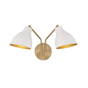 17.5 in. W x 9.58 in. H 2-Light White and Natural Brass Wall Sconce with White Metal Shades