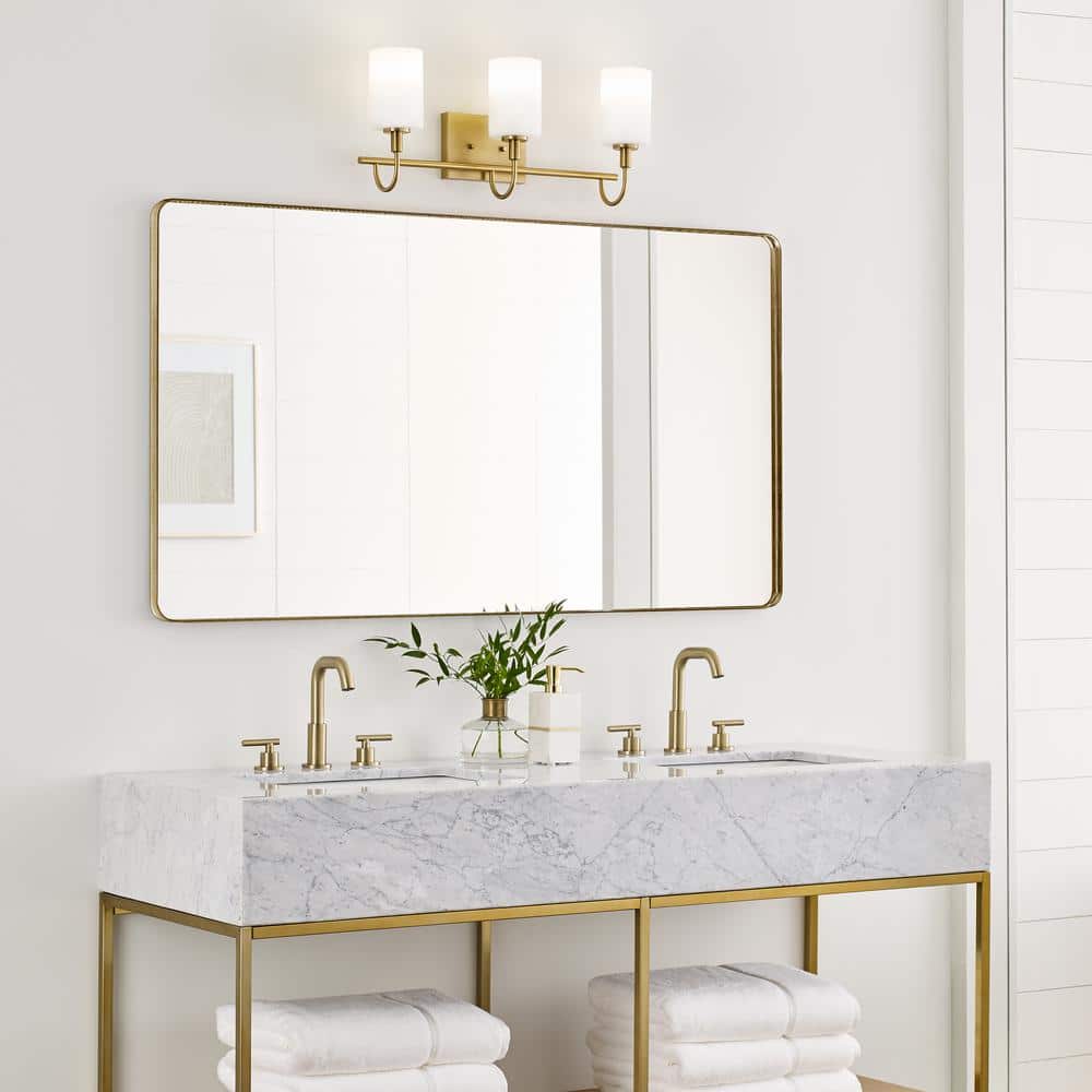 Oak Moore Satin Brass 3-Light Vanity with Etched White Glass