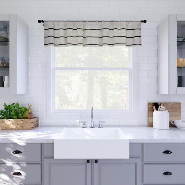 CLEAN WINDOW Aso Twill Stripe Linen Blend 52 in. W x 14 in. L Sheer Rod Pocket Kitchen Curtain Valance in Black/Linen